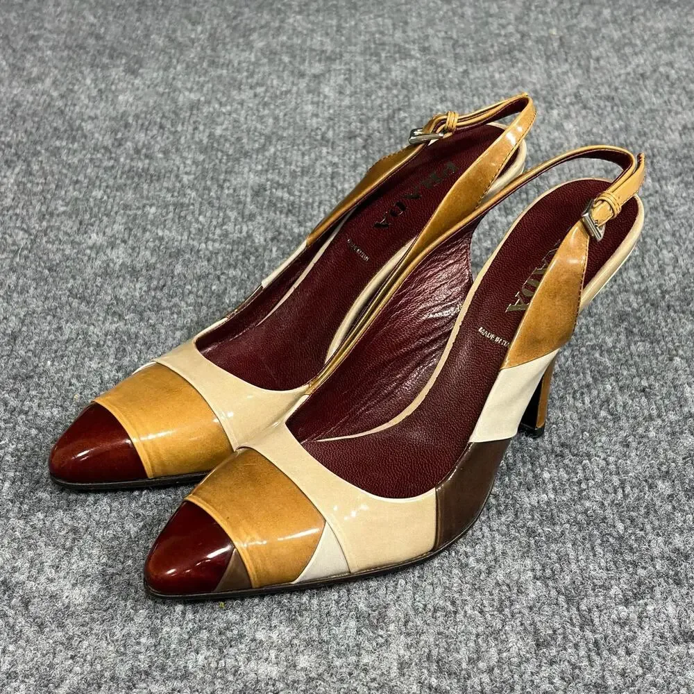 PRADA Shoes Womens 6 Multicolor Patchwork Slingback Heels Warm Toned Italy